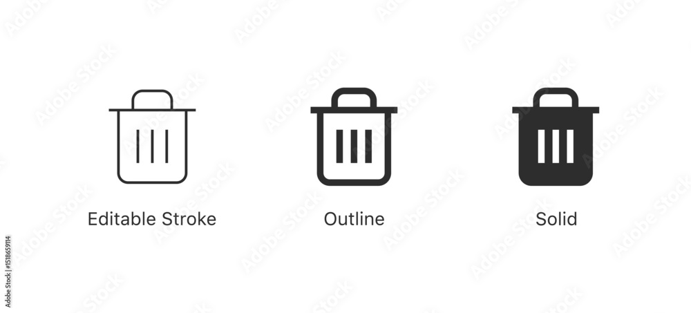 Poster trash bin can icons styles in (editable stroke, outline, solid) in minimal vector design, perfect fo