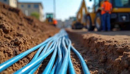 Construction site installing fiber optic cables. Ground trench with blue cables. Construction workers in background, heavy machinery. Fast internet, communication tech, broadband, high-speed
