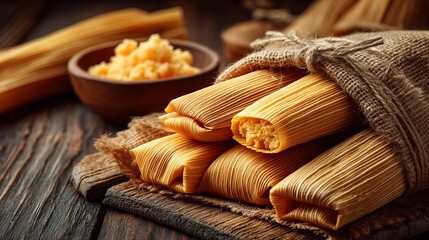 Delicious Close-Up of Authentic Mexican Tamales Wrapped in Corn Husks, Steamed to Perfection, Showcasing the Texture and Flavor of the Savory Cheese Masa Filling. Perfect for Food 