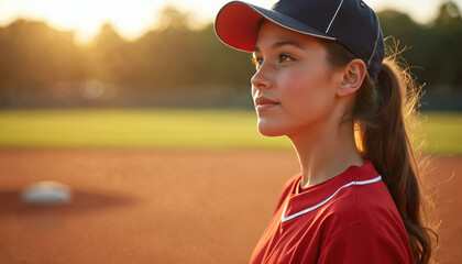 Young woman softball player stands on field. She wears cap, red uniform. Sunlight illuminates face. Athlete looks away, game competition, team sports. Softball, baseball match.