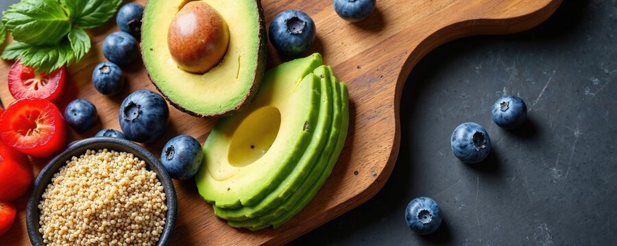 Colorful superfoods assortment with quinoa, avocado, chia seeds, blueberries. Rustic wooden cutting board with clear light, sharp focus, high detail. Healthy food, diet, vegetarian food, vegan food,