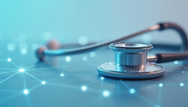 Close-up of stethoscope on blue background. Connected network, digital health care, medicine, ai tech, medical innovations. Concept of healthcare, modern medicine, ai diagnosis, technology.