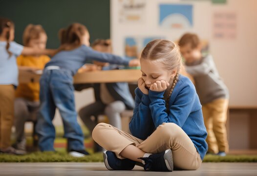 Sad girl sitting alone in a classroom while other children play in the background, concept of bullying and social exclusion in school. Lonely child. Depressed kid feeling excluded and alone