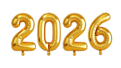 Gold foil 2026 balloon numbers with transparent background for New Year celebration, party decoration, and festive design