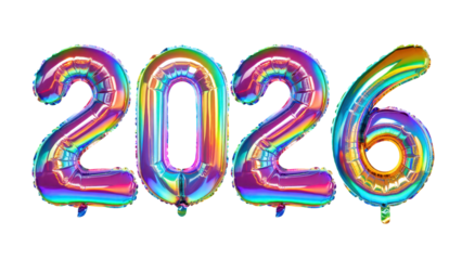 Colorful foil balloons shaped as 2026 numbers on white background, festive party decoration for New Year celebration, holiday event decor, isolated on a transparent background