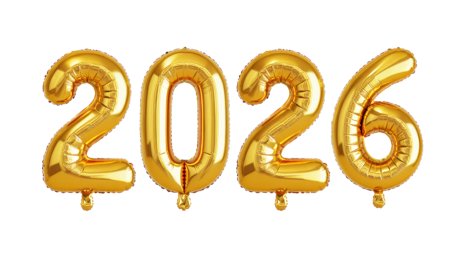 Gold foil 2026 balloon numbers with transparent background for New Year celebration, party decoration, and festive design
