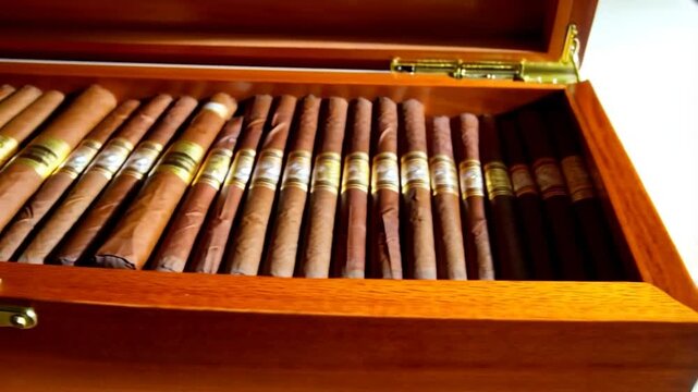 Wooden humidor filled with cigars