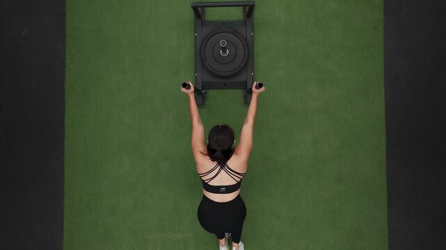 Mexican athlete performing sled push exercise in gym