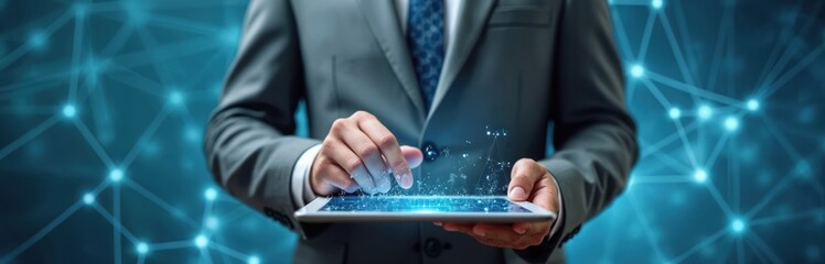 Businessman works tablet digital transformation concept. Digitalization technology, innovation, upgrading, change process. Transform modern evolution, cyberspace, tech, future, management, network,