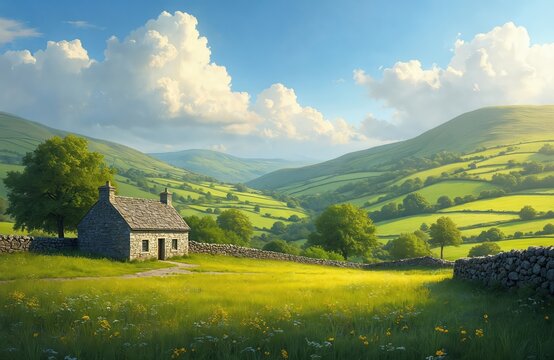 Picturesque rural scene with traditional Irish cottage, stone walls. Green fields, rolling hills under blue sky with clouds. Peaceful landscape, beautiful scenery of countryside. Nature beauty for - Powered by Adobe