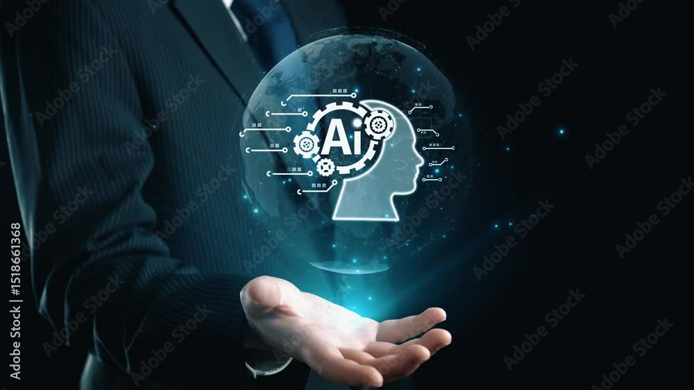 Poster human interact with ai artificial intelligence brain processor in concept of ai artificial intellige