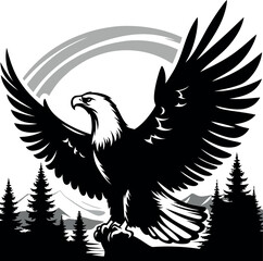 Majestic Bald Eagle Soaring Above Mountains and Pine Trees