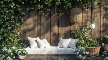 Outdoor seating area with wooden wall and potted plants.