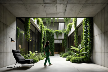 Woman walking through modern green courtyard concrete building