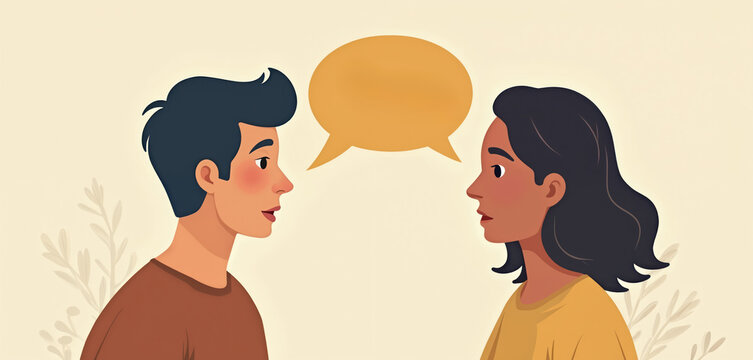 Illustration of two people communicating. Dialogue bubble suggests conversation. Focuses on mutual understanding. Concept of peace building, conflict resolution. Positive communication. Concept of
