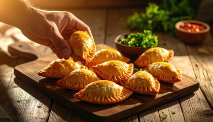 Golden-Brown Empanadas on Rustic Wooden Board