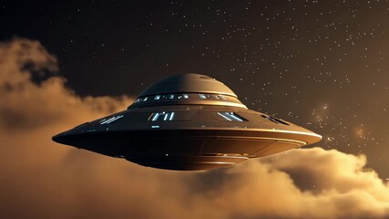An alien saucer flies across the starry sky among the night clouds
