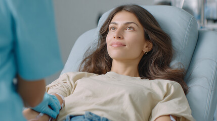 Young woman donates blood while looking serene in a healthcare facility during daytime