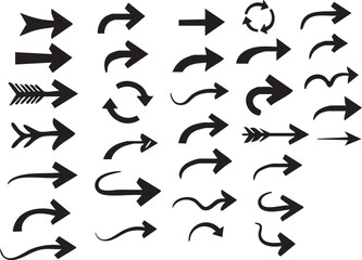 A collection of various black arrow designs pointing in different directions on a white background