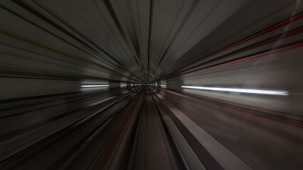 Moving in the subway tunnel with light trails inside timelapse