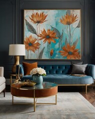 Modern living room with abstract floral art