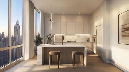 Modern penthouse kitchen with city views.