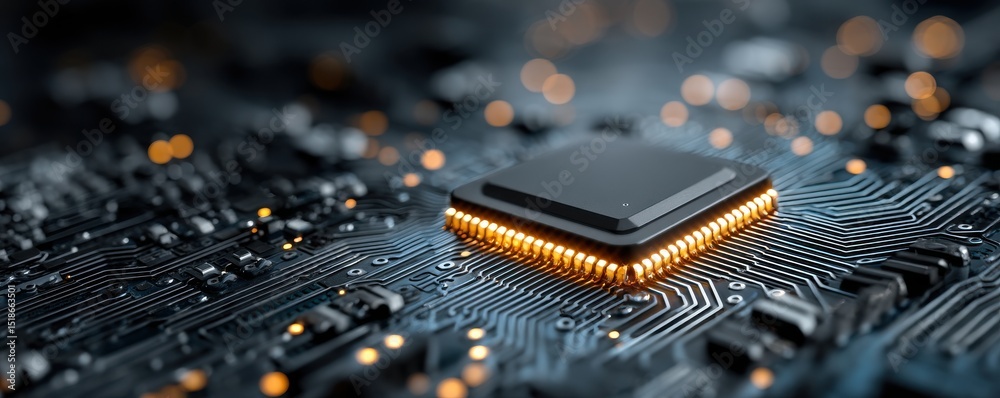 Poster close-up view of an electronic circuit board with a glowing microchip