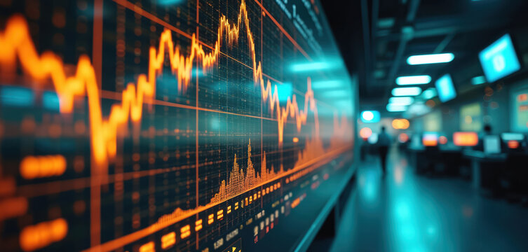 Wide-angle shot of modern electronic trading floor. Glowing data boards showcase financial market analytics, live stock prices. Businesspeople working in background, trading tech, digital screens,