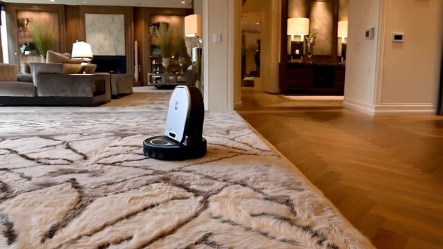 Robotic vacuum cleaner on plush area rug in upscale home