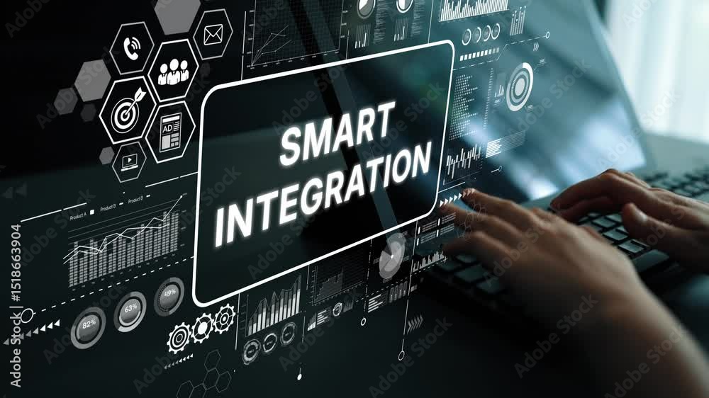 Poster Futuristic Digital Interface with Data Analytics and Smart Integration Concept for Technology Background. Asymptotic smart data analytic.