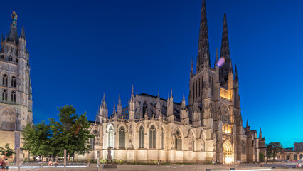 Cathedrale Saint-Andre de Bordeaux day to night timelapse hyperlapse with twin spires. France