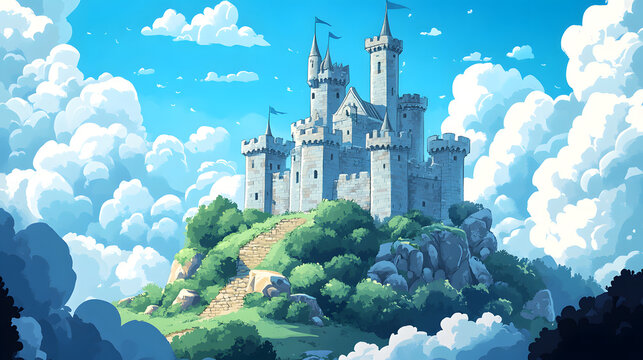 A cartoon style illustration of a castle on a hill, with a blue sky and clouds.