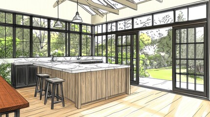 Interior design rendering of a modern kitchen with garden view.