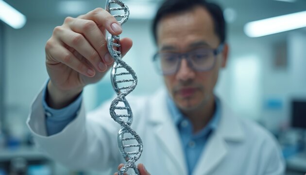 Scientist in modern lab examines DNA strand model. Biotechnology research in progress. Genetic engineering, medical, healthcare innovation. Biology, science, tech, future concept.