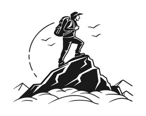 Silhouette of Hiker Reaching Mountain Peak Success