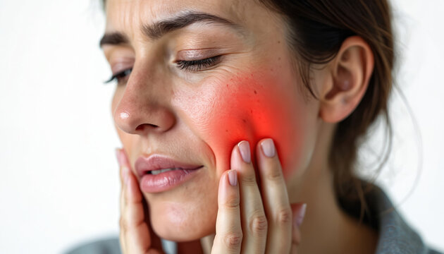 Woman suffering jaw pain at home. Redness indicates temporomandibular joint inflammation due to TMJ disorder or teeth grinding. Health medical concept. Healthcare, dentistry, medicine, dental pain.