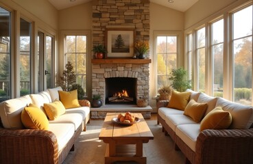 Cozy sunroom interior with autumn views. Fireplace, comfortable sofas, warm colors create relaxing atmosphere. Home decor features stylish furniture, modern design, minimalistic approach. Natural