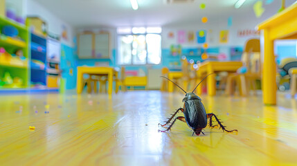 Large cockroach crawling on the floor of a brightly colored, empty kindergarten classroom, suggesting an infestation and need for pest control