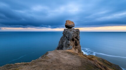 A stunning view of the ocean during sunset showcases a large boulder perched atop a rocky cliff. Dark clouds loom overhead, creating a striking contrast with the calm water.