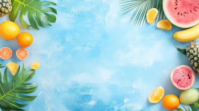 Tropical fruits and green palm leaves arranged on blue background, flat lay. Oranges, lemons, pineapple, watermelon, guava, and banana. Vibrant summer concept with copy space.