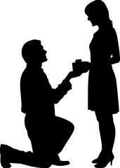 Silhouettes of a man and woman exchanging a small gift. The man is kneeling and offering a box with both hands. The woman, standing gracefully, reaches for it. Both are shown in profile in an elegant,