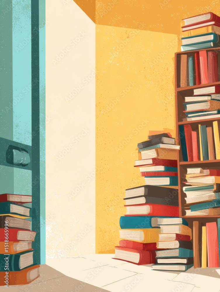 Poster Cozy Home Library With Stacked Books and Inviting Open Spaces for Reading and Relaxation