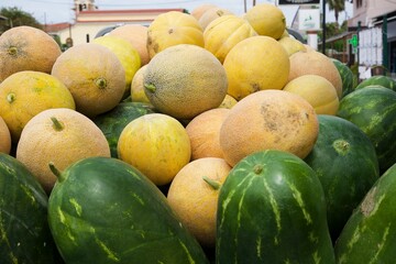Melons and watermelons. Famous greek summer fruits. Refreshingly delicious and healthy fruits.