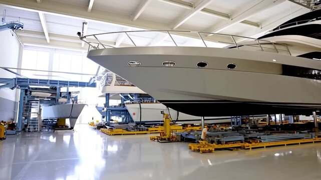 Large gray yacht under construction in a spacious indoor shipyard