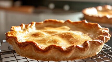A golden-brown apple pie rests on a wire rack, cooling in a well-lit kitchen. The crust is flaky and shiny, reflecting the warm afternoon sunlight.