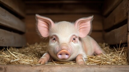 A young piglet lies comfortably on a bed of straw inside a wooden barn. The animal looks content with its ears perked up, surrounded by hay, creating a serene atmosphere.