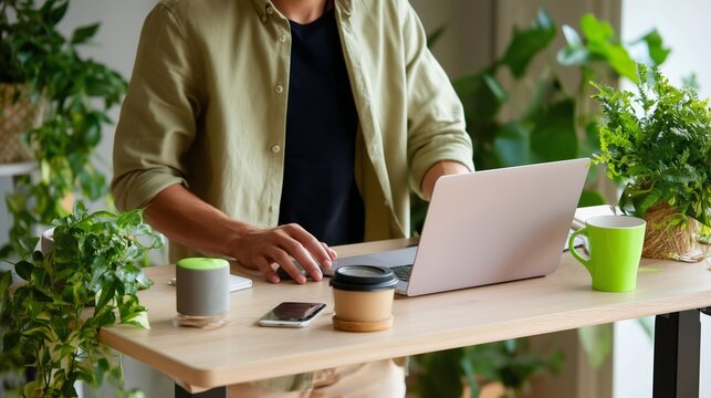 Working from home in a green space with plants and coffee during the afternoon