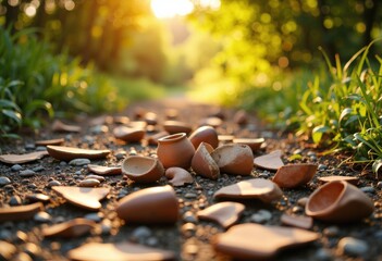 Broken pottery shards scattered on a dirt path illuminated by warm sunlight