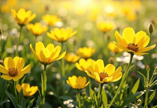 Vibrant yellow flowers blooming in a sunlit meadow during spring