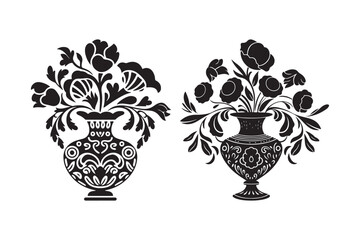 Vintage Floral Vase Silhouette Design Ornamental Black and White Art Print